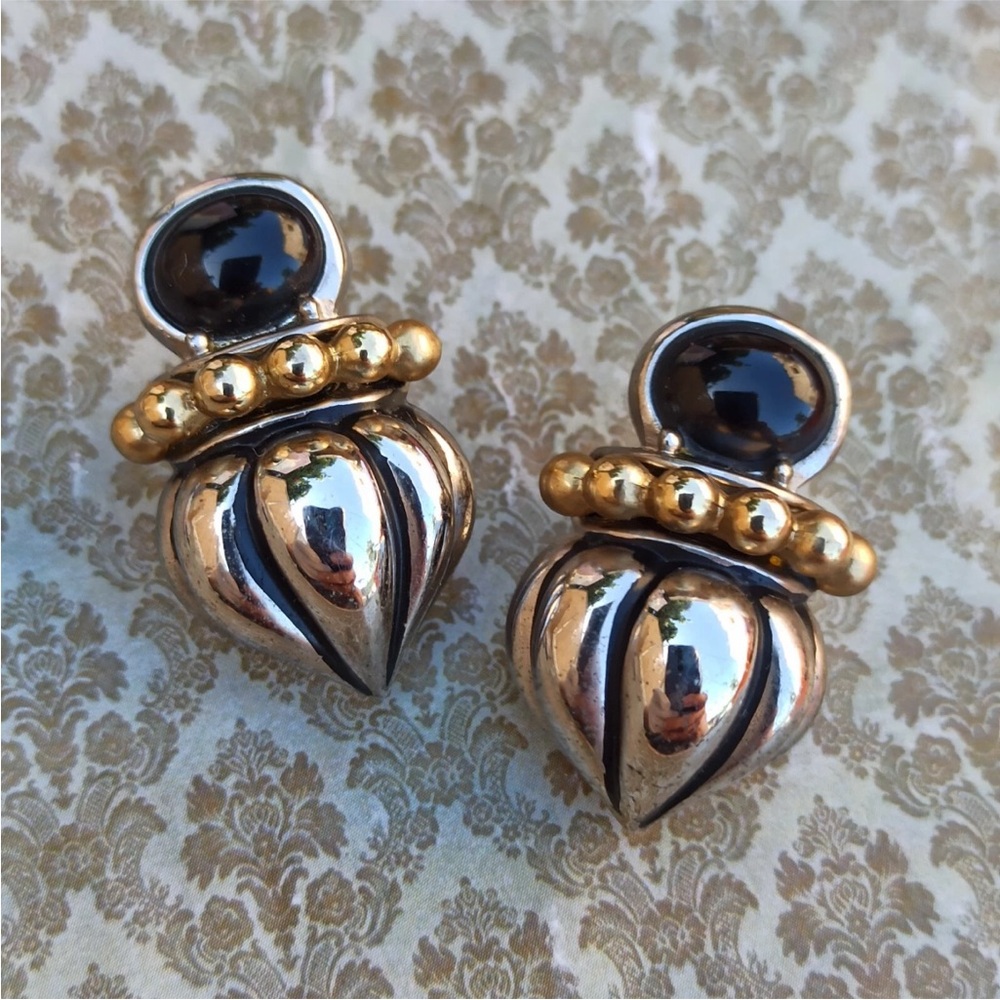 Gold Silver and Blue Clip Vintage Earrings